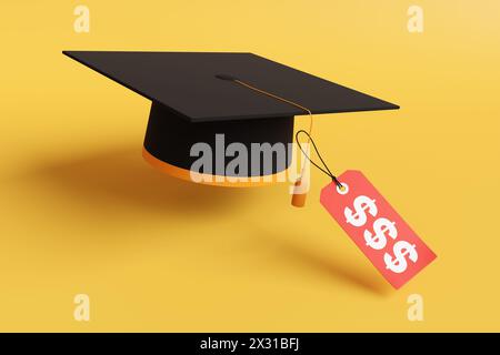 Cartellino rosso con cartelli bianchi del dollaro attaccati al tappo graduato con bordo arancione su sfondo giallo. Tasse universitarie, prestiti per studenti Foto Stock