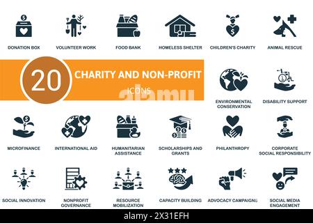 Set di beneficenza e non-profit. Icone creative. Illustrazione Vettoriale