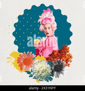 Poster. Una donna sorpresa vestita da persona reale medievale beve cocktail sullo sfondo con elementi floreali e astratti. Effetto testurizzato. Foto Stock
