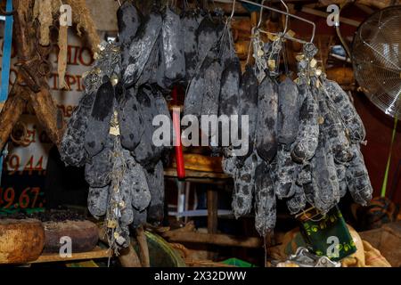 Moncalieri, Piemonte, Italia - 20 aprile 2024: Salame di cinghiale stagionato in cenere, in vendita presso un mercato di prodotti locali. Foto Stock