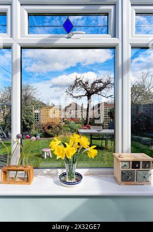 Una vista di un giardino privato visto dalle finestre di una veranda in una giornata di primavera soleggiata, Shepperton Inghilterra, Regno Unito Foto Stock