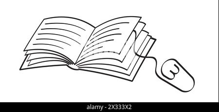 Libri di epub cartoni animati o eBook. Aprire libro e pagine con il mouse. Download per eReader. Disegno della linea. I libri aperti firmano. Logo Digital Book Store. Volando p Foto Stock