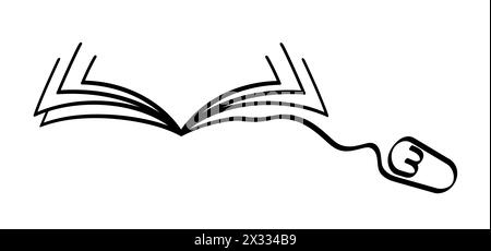 Libri di epub cartoni animati o eBook. Aprire libro e pagine con il mouse. Download per eReader. Disegno della linea. I libri aperti firmano. Logo Digital Book Store. Volando p Foto Stock