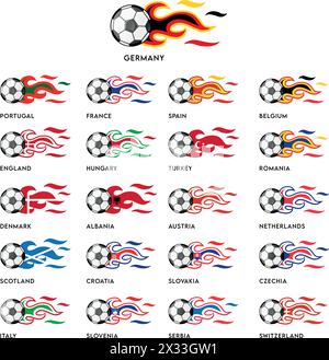 Pallone da calcio con bandiere fiamme del torneo europeo di calcio 2024. illustrazione vettoriale su sfondo bianco Illustrazione Vettoriale