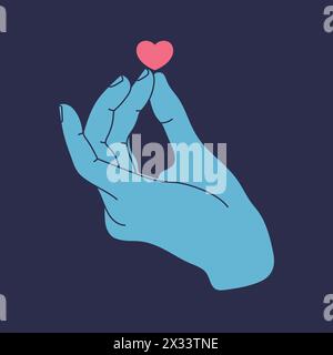 Mano umana che tiene un cuore. Gesto della mano isolato su sfondo blu. Illustrazione vettoriale Illustrazione Vettoriale