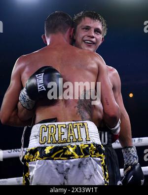 24 aprile 2024; Hordern Pavilion, Sydney, NSW, Australia: Australian Super Welterweight Title, Nikita Tszyu contro Danilo creati; Nikita Tszyu e Danilo creati abbracciano dopo l'incontro Foto Stock