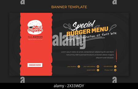 Modello banner per il design di hamburger con sfondo rosso e nero e icona hamburger Illustrazione Vettoriale