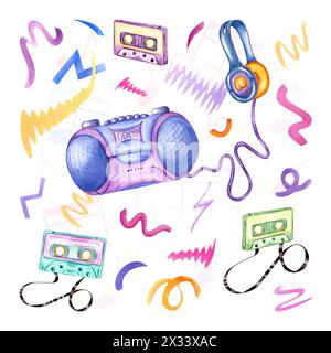 Poster in stile nostalgia anni '90. Lettore stereo portatile, cassette audio e cuffie. Accessori audio per ascoltare la musica. Scarabocchio a linee multicolore. Foto Stock