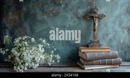 Incrocia e vecchi libri su tavoli in legno vintage e piccoli fiori bianchi. Concetto religioso, saggezza, spiritualità. Foto Stock