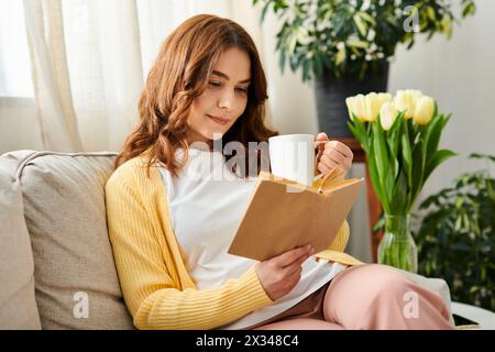 Donna di mezza età che si gode il caffè sul divano. Foto Stock