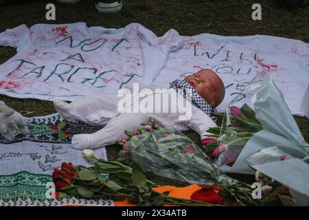 Westminster, Londra, Regno Unito. 24 aprile 2024. Bambole e piccole bare di cartone sono usate per simboleggiare i bambini morti. La gente partecipa a una veglia per la Palestina nella Piazza del Parlamento. Un elenco di bambini morti nel conflitto israelo-Hamas viene letto nell'evento altrimenti silenzioso. Crediti: Imageplotter/Alamy Live News Foto Stock