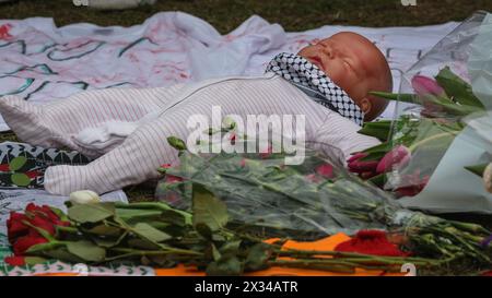 Westminster, Londra, Regno Unito. 24 aprile 2024. Bambole e piccole bare di cartone sono usate per simboleggiare i bambini morti. La gente partecipa a una veglia per la Palestina nella Piazza del Parlamento. Un elenco di bambini morti nel conflitto israelo-Hamas viene letto nell'evento altrimenti silenzioso. Crediti: Imageplotter/Alamy Live News Foto Stock