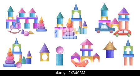 Set di giocattoli in legno realizzati con mattoni da costruzione. Forme geometriche Tangram. Torri, trasporti e animali. Blocchi multicolore per bambini. Foto Stock