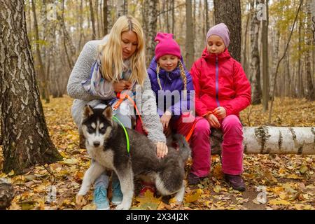 Madre e due figlie con il cane razza husky seduto su un albero di betulla caduto nei boschi Foto Stock