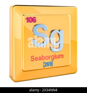 Seaborgium SG, segno di elemento chimico con numero 106 in tavola periodica. Rendering 3D isolato su sfondo bianco Foto Stock