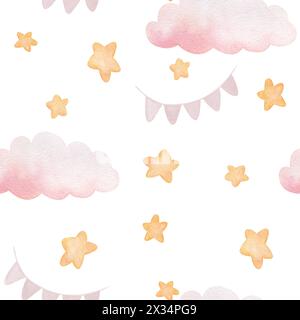 Motivo ad acquerello senza cuciture con illustrazione di delicate nuvole e bandiere rosa e stelle gialle. Fatto a mano, isolato. Per tessuti per bambini Foto Stock