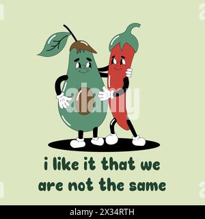 Illustrazione Cartoon scanalato. Amicizia tra frutta e verdura. Amicizia di pepe e avocado. Peperoni e avocado che si abbracciano. Mi piace Illustrazione Vettoriale