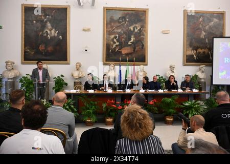 Roma, Italia. 24 aprile 2024. Presentazione della 14a edizione di Rock in Roma 2024 durante la conferenza stampa tenutasi il 24 aprile presso la sala della Protomoteca, Campidoglio, a Roma, Italia, 2024. (foto di Domenico Cippitelli/NurPhoto) credito: NurPhoto SRL/Alamy Live News Foto Stock