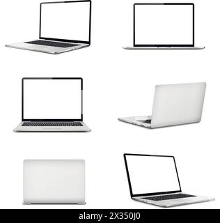 Modello di computer portatile. Notebook realistico in diverse posizioni. Illustrazione vettoriale. Illustrazione Vettoriale