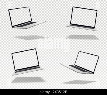Modello con schermo vuoto per laptop. Notebook realistico in diverse posizioni. Illustrazione vettoriale. Illustrazione Vettoriale