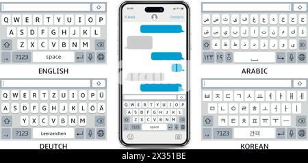 Tastiere virtuali mock-up per cellulari. Set di tastiere in inglese, arabo, tedesco, coreano. Illustrazione vettoriale. Illustrazione Vettoriale