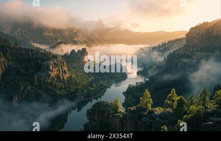 Splendida vista sulle montagne con foreste e rocce e tramonto sul fiume Foto Stock
