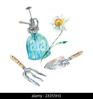 Daffodil, irroratrice, pala, forca. Acquerello. Illustrazione vettoriale disegnata a mano di attrezzi da giardinaggio per carte, inviti, etichette, copertine, poster. Illustrazione Vettoriale