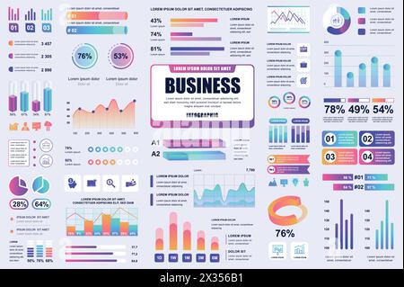 Bundle infografica su business e finanza, UI, UX, ELEMENTI KIT. Diversi grafici, diagrammi, flusso di lavoro, diagramma di flusso, sequenza temporale, schemi, grafici progettano templa Illustrazione Vettoriale