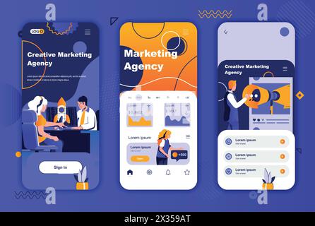 Marketing Agency Design kit unico per le storie di social network. Strategia di marketing, servizio PR e branding di schermi mobili per app. Layout UI UX vect Illustrazione Vettoriale
