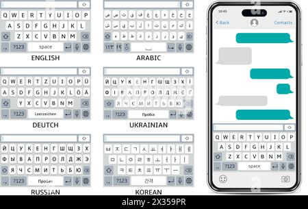 Mockup del telefono cellulare con chat sms. Tastiere virtuali per smartphone in inglese, arabo, Germania, ucraino, coreano e russo. Illustrazione vettoriale. Illustrazione Vettoriale