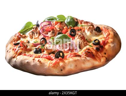 Pizza margherita italiana con mozzarella fusa e pomodori guarniti con basilico fresco su pasta spessa. Pizza con rucola e verdure Foto Stock