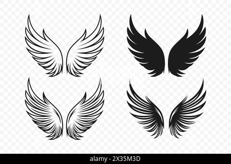 Ali vettoriali. Silhouette Angel Wings monocromatica nera. Modello di disegno, Clipart. Cupido, Bird Wings. Illustrazione vettoriale Illustrazione Vettoriale