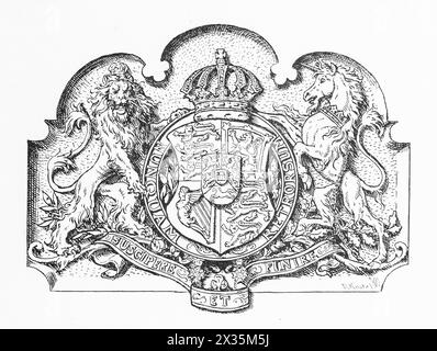 Disegno, stemma reale 1837, Regno di Hannover, Casa di Hannover, Guelfi, con leone, unicorno, corona, angelo e cavallo, scudo centrale con cuore Foto Stock