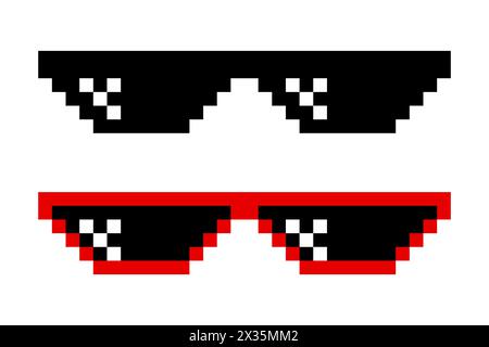 Set di occhiali da sole pixelati. Occhiali Pixel Boss, stile 8 bit. Modello di design per occhiali da sole meme Game a 8 bit, isolato Illustrazione Vettoriale