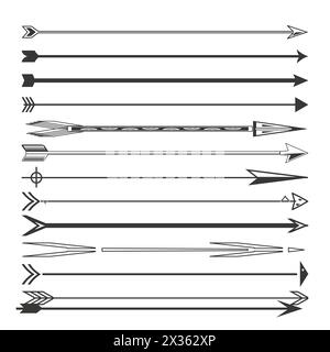 Disegni artistici di frecce. Set frecce di tiro con l'arco. Concetto di puntamento di precisione. Illustrazione vettoriale. EPS 10. Illustrazione Vettoriale