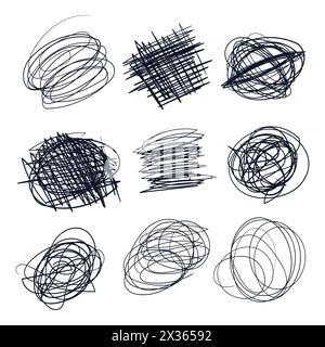 Script casuali. Set vettoriale Scribbles Doodle disegnato a mano. Doodles da disegno con penna a inchiostro. Illustrazione Vettoriale