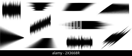 Set di elementi glitch mezzitoni. Collezione di forme geometriche tratteggiate. Forme spikey astratte dei mezzitoni grunge per stampa, striscione, poster, collage, sovrapposizione, etichetta, etichetta. Pacchetto vettoriale distorto in distress Illustrazione Vettoriale