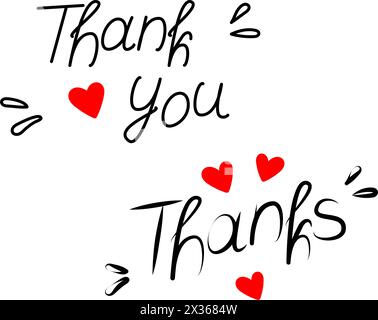 Grazie grazie per aver disegnato a mano iscrizioni con elementi decorativi e forma a cuore Concept Sticker isolate Vector EPS Calligraphic design per cartoline, poster, magliette, etichette o stampe Illustrazione Vettoriale