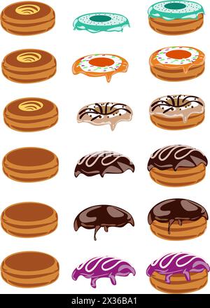 Set di ciambelle con ripieni diversi. Illustrazione vettoriale in stile cartone animato. Illustrazione Vettoriale