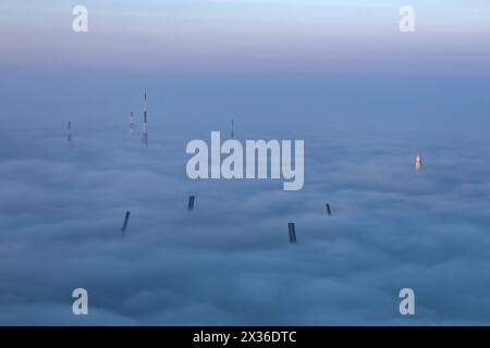 Stadio di calcio del Qatar Sports Club Suheim bin hamad durante la nebbia. pali per proiettori Foto Stock