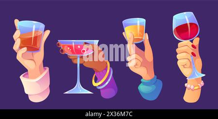 Set di mani con bicchieri da cocktail isolati sullo sfondo. Illustrazione vettoriale di dita maschili e femminili che tengono tazze di vetro con bevande alcoliche, succo di frutta, bevande fredde, ospiti in parte Illustrazione Vettoriale