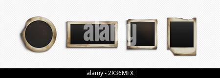 Foto d'epoca isolate su sfondo trasparente. Illustrazione vettoriale realistica di vecchi modelli fotografici con macchie sui bordi strappati, modelli istantanei di immagini, elementi di design photoalbum retrò Illustrazione Vettoriale