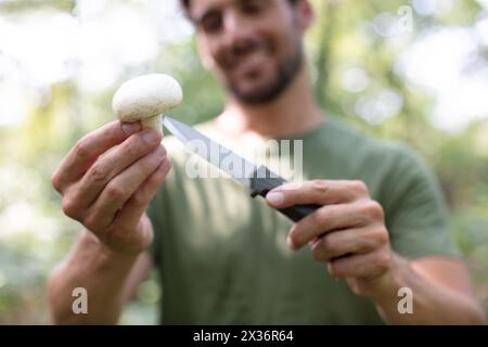 andare a caccia di funghi nella foresta Foto Stock