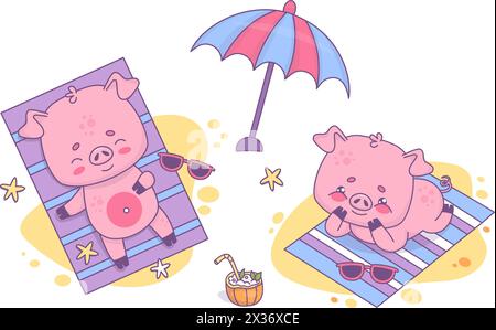 Vacanza al mare. Felici maiali da spiaggia che prendevano il sole riposando su un telo da spiaggia sotto l'ombrellone con cocktail estivo di cocco. Carretto di animali isolato, divertente e rilassante Illustrazione Vettoriale
