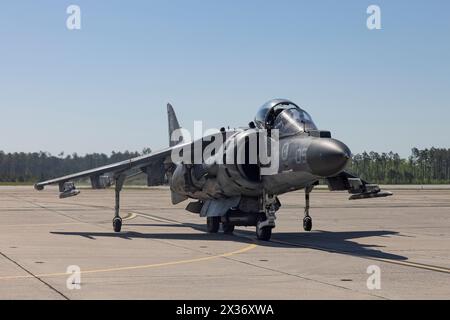 Capitano Raymond Hower, originario della California e pilota di jet AV-8B Harrier II con Marine Attack Squadron (VMA) 223, taxi AV-8B Foto Stock