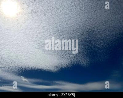 Schaefchenwolken, Cirrocumulus undulatus kuendigen Regen An. Nuvole voluminose, Cirrocumulus undulatus, pioggia di araldo Schaefchenwolken, Cirrocumulus, undula Foto Stock