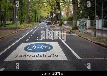 Berlin Reinickendorf OT Frohnau der Edelhofdamm ist seit geraumer Zeit Fahrradstraße von Anwohnern darf er mit dem PKW kürzestmöglich genutzt werden. Obwohl man den Autoverkehr fernhalten Will, wurden Ladesäulen für Elektroautos aufgestellt - 25.04.2024 Berlino *** Berlin Reinickendorf OT Frohnau la Edelhofdamm è da tempo una strada ciclabile i residenti possono usarla in auto per il più breve tempo possibile, sebbene lo scopo sia quello di tenere lontano il traffico automobilistico, sono stati installati punti di ricarica per auto elettriche 25 04 2024 Berlino Foto Stock