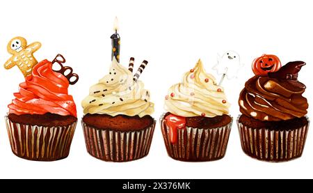 Collezione di cupcake di halloween disegnati a mano con vaniglia, zucca e crema al cioccolato decorati con bisquits, cioccolato e candela Foto Stock