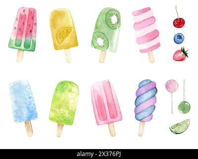 Delizioso gelato ad acquerello con frutta, lolypops e frutti di bosco. Illustrazione del cibo disegnata a mano Foto Stock