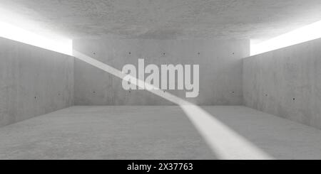 Camera in cemento astratta grande, vuota e moderna, con luce solare proveniente dalle aperture delle pareti laterali e dal pavimento ruvido - modello di sfondo per interni industriali, Foto Stock